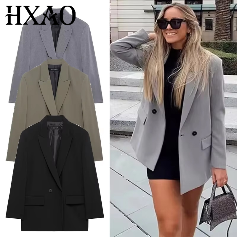 Blazer Women Oversized - HXAO เบลเซอร์สำหรับผู้หญิงสีดำสีเทาเบลเซอร์ยาวผู้หญิงชุดทำงานแขนยาวเบลเซอร์สีทึบโอเวอร์ไซส์คุณภาพสูงเบลเซอร์ผู้หญิง