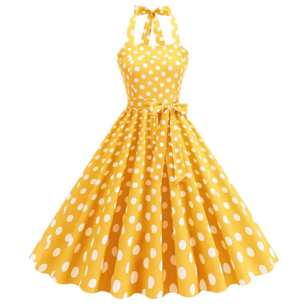 Women'S Fashion Of The 50S - เดรสสตรีสไตล์ร็อคอะบิลลี่ย้อนยุค ลายจุดสีเหลือง สำหรับฤดูร้อน ปี 2026 แฟชั่นเซ็กซี่