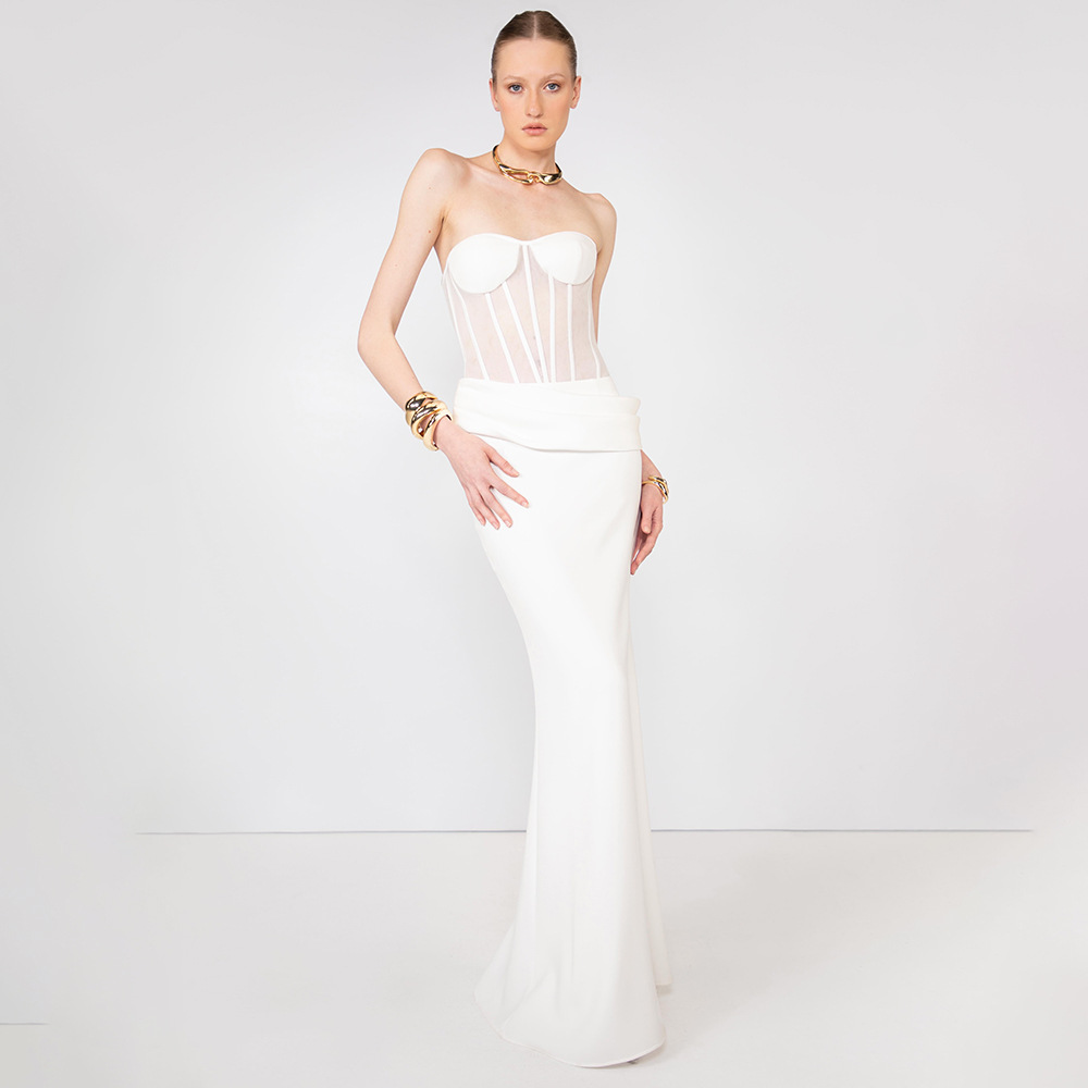 Women Fashion Dress Names - ชุดราตรีซีทรูทรงปลายหางปลา ดีไซน์เก๋ไก๋ สายเดี่ยว จับจีบ แฟชั่นใหม่ สไตล์ลำลอง