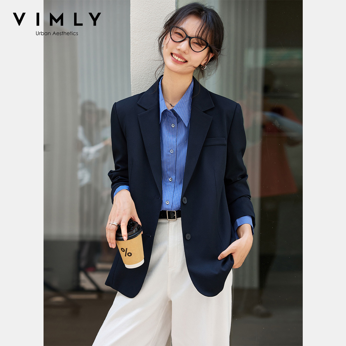 Blazer Women Oversized - VIMLY เสื้อแจ็คเก็ตสีน้ำเงินกรมท่าสำหรับผู้หญิง ฤดูใบไม้ร่วง 2026 เสื้อเบลเซอร์ทรงโอเวอร์ไซส์ สไตล์หรูหราสำหรับใส่ทำงาน