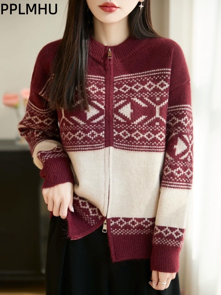 Women'S Fashion Gilet - เสื้อคาร์ดิแกนถักสไตล์เกาหลีลายแจ็คการ์ดวินเทจ คอโอ ซิป ผ้าเนื้อนุ่ม ทรงหลวม แขนยาว
