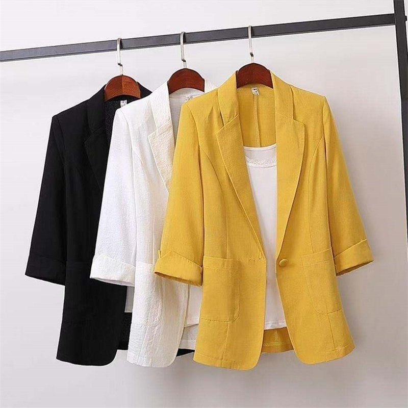 Blazer Women Oversized - 2025 OLชุดสตรีแฟชั่นผู้หญิงเสื้อสีทึบสีเหลืองสีดําผ้าฝ้ายหลวมOversizeเสื้อใหม่ฤดูใบไม้ผลิฤดูร้อนแจ็คเก็ต