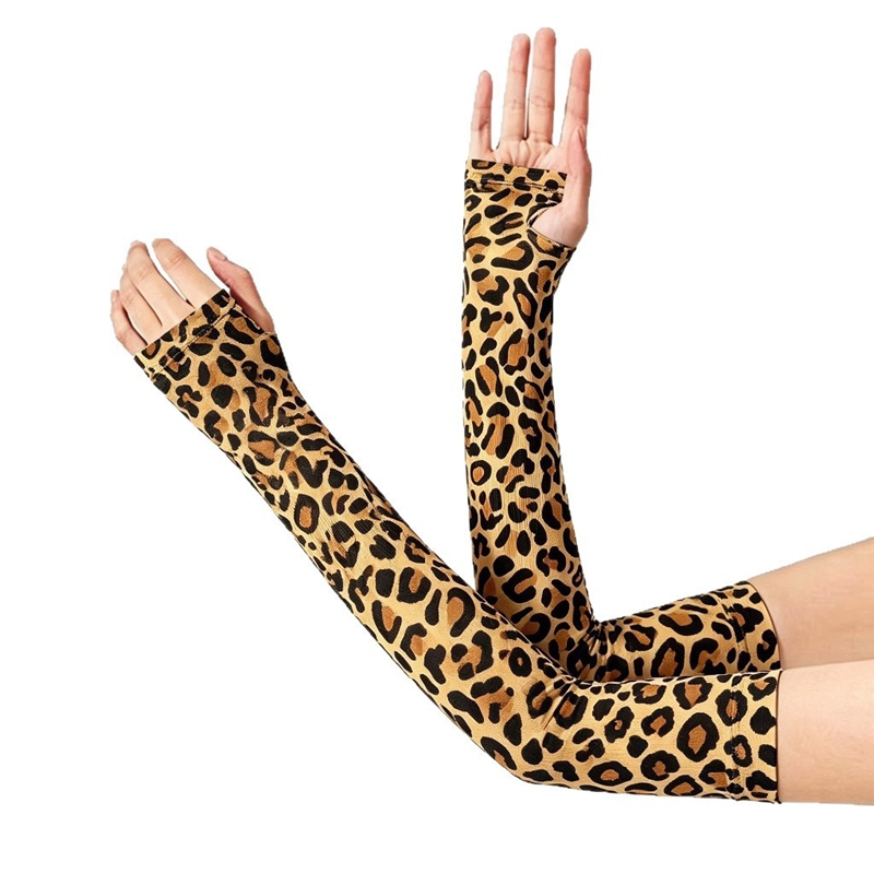 Women Fashion Gloves - ปลอกแขนแฟชั่นลายเสือดาวแบบยาว ไม่มีนิ้ว ยืดหยุ่นได้ สำหรับผู้หญิง ใช้สำหรับการแสดงบนเวที ขับรถ