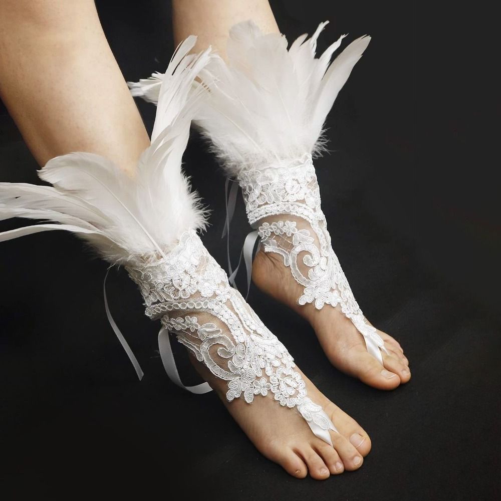 Women Fashion Gloves - ถุงมือยาวประดับลูกไม้ขนนก 1 ชิ้น แฟชั่นเครื่องประดับ ปักลายสีขาวดำ สำหรับผู้หญิง