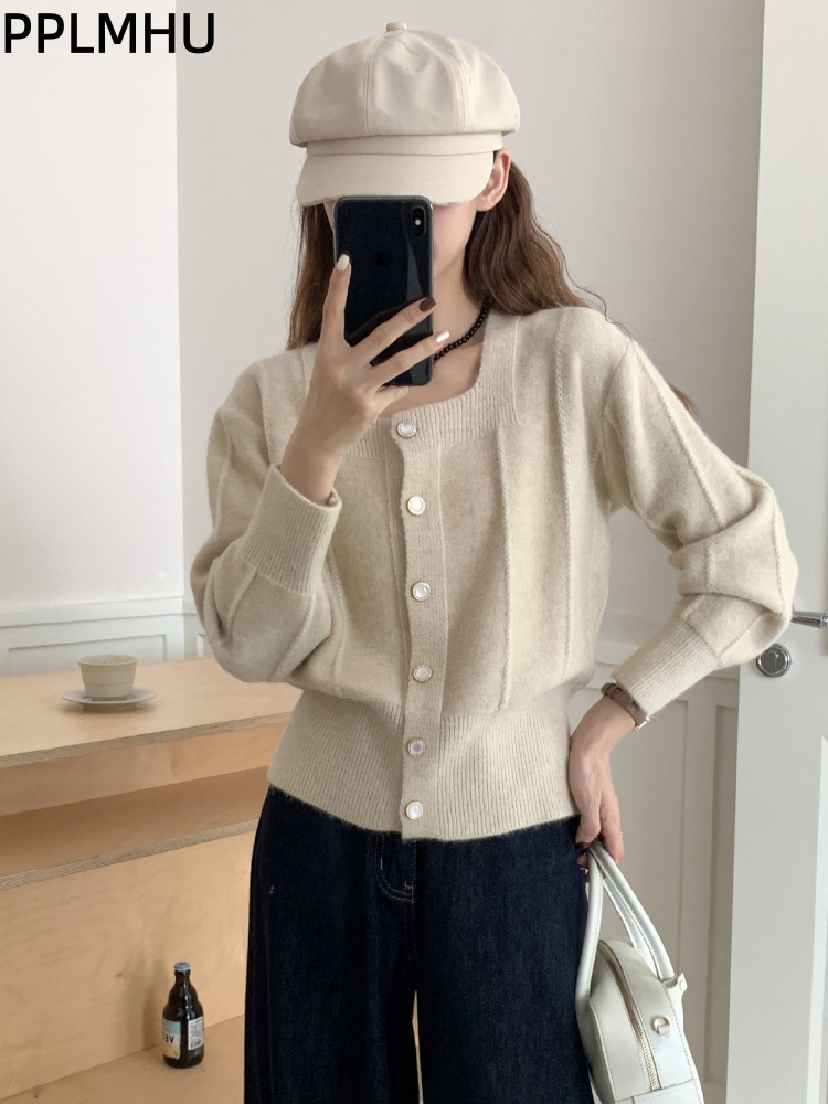 Women'S Fashion Gilet - เสื้อคาร์ดิแกนไหมพรมคอเหลี่ยมสไตล์เกาหลีสำหรับผู้หญิง แฟชั่นลำลองแบบใหม่ ติดกระดุม เสื้อถักนุ่ม แขนยาว ทรงหลวม