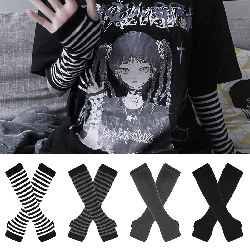 Women Fashion Gloves - ผู้หญิงแขนยาว Gothic ลาย Fingerless แขนอุ่นถักผู้หญิงสบายๆสีทึบถุงมือแฟชั่น Punk