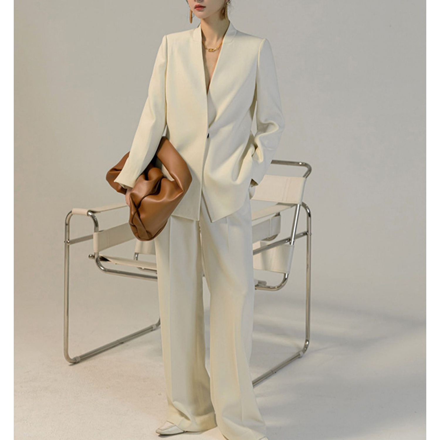 Women'S Fashion Blazer - ชุดสูทผู้หญิง Allingentle แบบ 2 ชิ้น เสื้อเบลเซอร์แบบซ่อนกระดุมและกางเกงขายาว