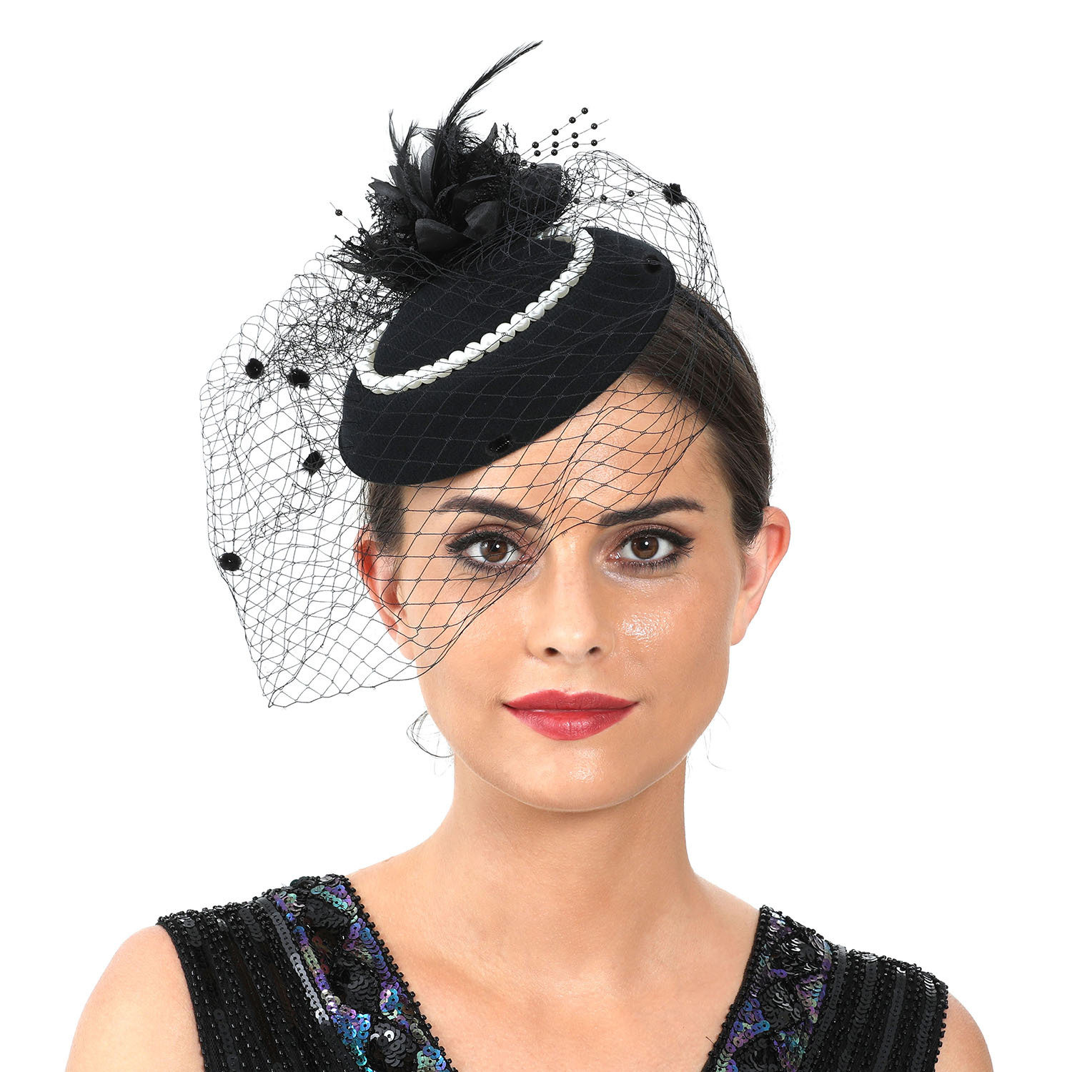 Women'S Fashion Kentucky Derby - หมวกปีกกว้างประดับขนนกสำหรับผู้หญิง พร้อมผ้าคลุม ประดับมุก หมวกพนักงานต้อนรับ สำหรับงานปาร์ตี้ งานแข่งม้าเคนตักกี้ดาร์บี้