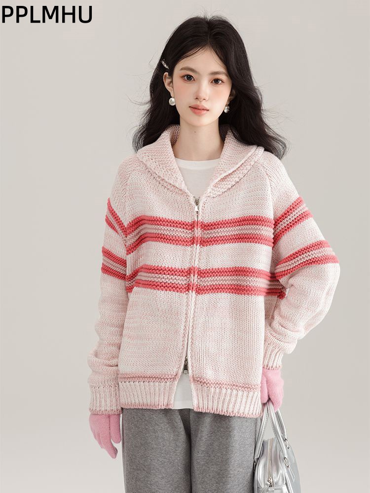 เสื้อคาร์ดิแกนถักลายทาง ปกพับไ - Women'S Fashion Gilet บทวิจารณ์และราคา